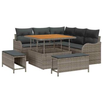 ARDEBO.de - 8-teiliges Garten Sofa Set mit Kissen Grau Poly Rattan Akazie, 2-Sitzer Garten Sofa mit Kissen Grau Poly Rattan, 3-teilige Garten Essgruppe mit Kissen Grau Poly Rattan Akazie