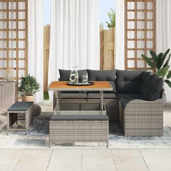 8-teiliges Garten Sofa Set mit Kissen Grau Poly Rattan Akazie, 2-Sitzer Garten Sofa mit Kissen Grau Poly Rattan, 3-teilige Garten Essgruppe mit Kissen Grau Poly Rattan Akazie