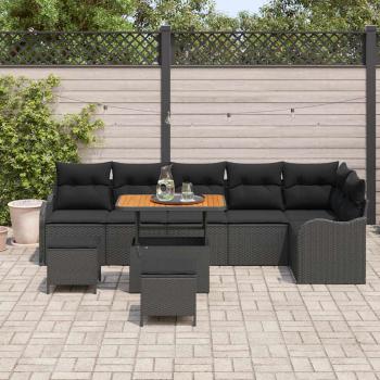 9-teiliges Garten Sofa Set mit Kissen Schwarz Poly-Rattan Akazie, 2-Sitzer Garten Sofa mit Kissen Schwarz Poly-Rattan, 3-teiliges Garten Esstisch-Set mit Kissen Schwarz Poly-Rattan Akazie