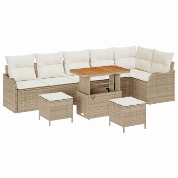 9-teiliges Garten Sofa Set mit Kissen Beige Poly Rattan Akazie, 2-Sitzer Garten Sofa mit Kissen Beige Poly Rattan, 3-teiliges Garten Esszimmer Set mit Kissen Beige Poly Rattan Akazie