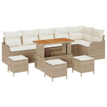10-teiliges Garten Sofa Set mit Kissen Beige Poly Rattan Akazie, 2-Sitzer Garten Sofa mit Kissen Beige Poly Rattan, 4-teiliges Garten Esszimmer Set mit Kissen Beige Poly Rattan Akazie