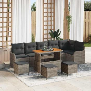 ARDEBO.de - 10-teiliges Garten-Sofa-Set mit Kissen Grau Poly-Rattan Akazie, 2-Sitzer Garten-Sofa mit Kissen Grau Poly-Rattan, 4-teiliges Garten-Ess-Set mit Kissen Grau Poly-Rattan Akazie