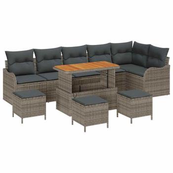 10-teiliges Garten-Sofa-Set mit Kissen Grau Poly-Rattan Akazie, 2-Sitzer Garten-Sofa mit Kissen Grau Poly-Rattan, 4-teiliges Garten-Ess-Set mit Kissen Grau Poly-Rattan Akazie