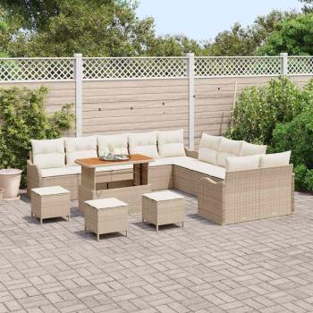 14-teiliges Garten Sofa Set mit Kissen Beige Poly Rattan Akazie, 2-Sitzer Garten Sofa mit Kissen Beige Poly Rattan, 4-teiliges Garten Ess-Set mit Kissen Beige Poly Rattan Akazie