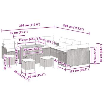 14-teilige Garten Sofa Set mit Kissen Grau Poly Rattan Akazie, 2-Sitzer Garten Sofa mit Kissen Grau Poly Rattan, 4-teiliges Garten Essenset mit Kissen Grau Poly Rattan Akazie