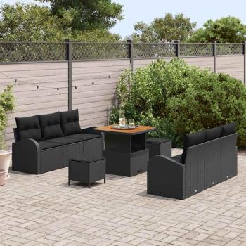 9-teiliges Garten Sofa Set mit Kissen Schwarz Poly Rattan Akazie, 2-Sitzer Garten Sofa mit Kissen Schwarz Poly Rattan, 3-teiliges Garten Essset mit Kissen Schwarz Poly Rattan Akazie