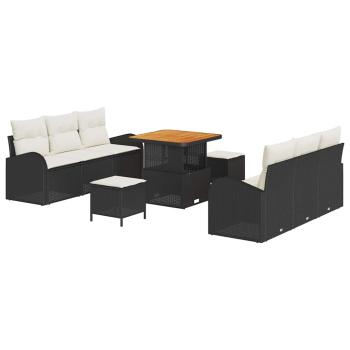9-teiliges Garten-Sofa-Set mit Kissen Schwarz Poly-Rattan Akazie, 2-Sitzer Garten-Sofa mit Kissen Schwarz Poly-Rattan, 3-teiliges Garten-Dining-Set mit Kissen Schwarz Poly-Rattan Akazie
