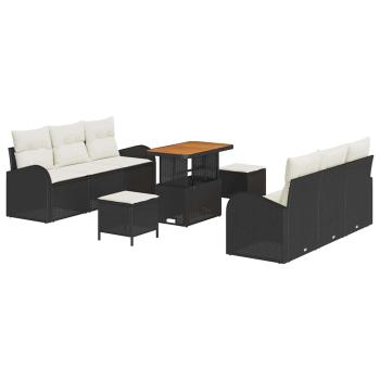 ARDEBO.de - 9-teiliges Garten-Sofa-Set mit Kissen Schwarz Poly-Rattan Akazie, 2-Sitzer Garten-Sofa mit Kissen Schwarz Poly-Rattan, 3-teiliges Garten-Ess-Set mit Kissen Schwarz Poly-Rattan Akazie