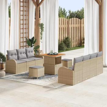 ARDEBO.de - 10-teiliges Garten Sofa Set mit Kissen Beige Poly Rattan Akazie, 2-Sitzer Garten Sofa mit Kissen Beige Poly Rattan, 3-teiliges Garten Ess Set mit Kissen Beige Poly Rattan Akazie