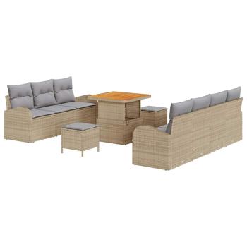10-teiliges Garten Sofa Set mit Kissen Beige Poly Rattan Akazie, 2-Sitzer Garten Sofa mit Kissen Beige Poly Rattan, 3-teiliges Garten Ess Set mit Kissen Beige Poly Rattan Akazie