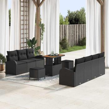 ARDEBO.de - 10-teiliges Garten-Sofa-Set mit Kissen Schwarz Poly-Rattan Akazie, 2-Sitzer Garten-Sofa mit Kissen Schwarz Poly-Rattan, 3-teiliges Garten-Dining-Set mit Kissen Schwarz Poly-Rattan Akazie