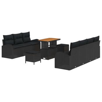 10-teiliges Garten-Sofa-Set mit Kissen Schwarz Poly-Rattan Akazie, 2-Sitzer Garten-Sofa mit Kissen Schwarz Poly-Rattan, 3-teiliges Garten-Dining-Set mit Kissen Schwarz Poly-Rattan Akazie