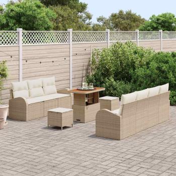 10-teiliges Garten Sofa Set mit Kissen Beige Poly Rattan Akazie, 2-Sitzer Garten Sofa mit Kissen Beige Poly Rattan, 3-teiliges Garten Esszimmer Set mit Kissen Beige Poly Rattan Akazie