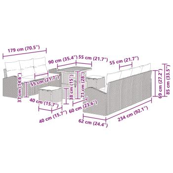 10-teiliges Garten-Sofa Set mit Kissen in grauem Poly-Rattan, 2-Sitzer Garten-Sofa mit Kissen in grauem Poly-Rattan, 3-teiliges Garten-Essset mit Kissen in grauem Poly-Rattan