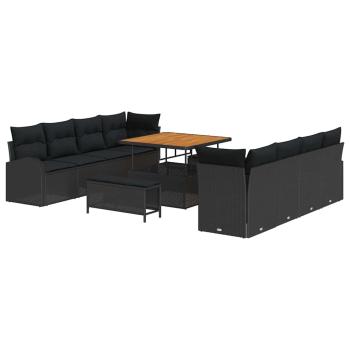 11-teiliges Garten Sofa Set mit Kissen Schwarz Poly Rattan Akazie, 2-Sitzer Garten Sofa mit Kissen Schwarz Poly Rattan, 3-teiliges Garten Esszimmer Set mit Kissen Schwarz Poly Rattan Akazie