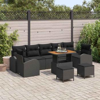 ARDEBO.de - 10-teiliges Garten Sofa Set mit Kissen Schwarz Poly Rattan Akazie, 2-Sitzer Garten Sofa mit Kissen Schwarz Poly Rattan, 3-teiliges Garten Esstisch Set mit Kissen Schwarz Poly Rattan Akazie