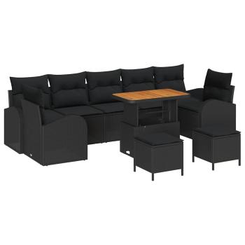 10-teiliges Garten Sofa Set mit Kissen Schwarz Poly Rattan Akazie, 2-Sitzer Garten Sofa mit Kissen Schwarz Poly Rattan, 3-teiliges Garten Esstisch Set mit Kissen Schwarz Poly Rattan Akazie