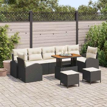 ARDEBO.de - 10-teiliges Garten Sofa Set mit Kissen Schwarz Poly Rattan Akazie, 2-Sitzer Garten Sofa mit Kissen Schwarz Poly Rattan, 3-teiliges Garten Essset mit Kissen Schwarz Poly Rattan Akazie