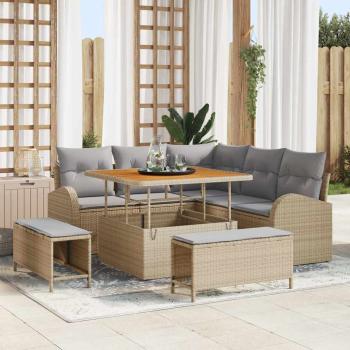 ARDEBO.de - 8-teiliges Garten Sofa Set mit Kissen Beige Poly Rattan Akazie, 2-Sitzer Garten Sofa mit Kissen Beige Poly Rattan, 3-teiliges Garten Ess-Set mit Kissen Beige Poly Rattan Akazie