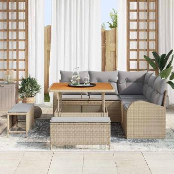 8-teiliges Garten Sofa Set mit Kissen Beige Poly Rattan Akazie, 2-Sitzer Garten Sofa mit Kissen Beige Poly Rattan, 3-teiliges Garten Ess-Set mit Kissen Beige Poly Rattan Akazie