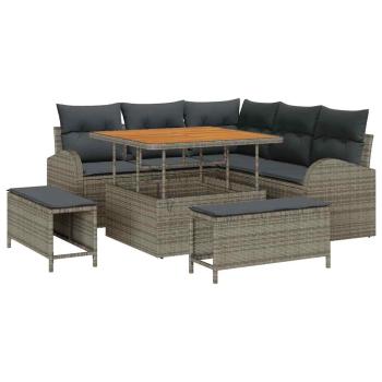 8-teiliges Garten Sofa Set mit Kissen in Grau Poly Rattan Akazie, 2-Sitzer Garten Sofa mit Kissen in Grau Poly Rattan, 3-teiliges Garten Esstisch Set mit Kissen in Grau Poly Rattan Akazie