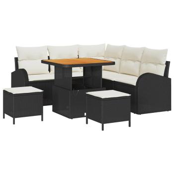 8-teiliges Garten-Sofa-Set mit Kissen Schwarz Poly-Rattan Akazie, 2-Sitzer Garten-Sofa mit Kissen Schwarz Poly-Rattan, 3-teiliges Garten-Ess-Set mit Kissen Schwarz Poly-Rattan Akazie