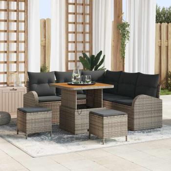 ARDEBO.de - 8-teiliges Garten Sofaset mit Kissen Grau Poly Rattan Akazie, 2-Sitzer Garten Sofa mit Kissen Grau Poly Rattan, 3-teiliges Garten Essset mit Kissen Grau Poly Rattan Akazie