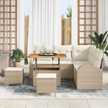 8-teiliges Garten Sofa Set mit Kissen Beige Poly Rattan Akazie, 2-Sitzer Garten Sofa mit Kissen Beige Poly Rattan, 3-teiliges Garten Essenset mit Kissen Beige Poly Rattan Akazie
