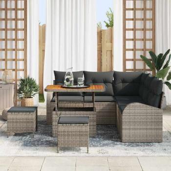 8-teiliges Garten Sofa Set mit Kissen Grau Poly Rattan Akazie, 2-Sitzer Garten Sofa mit Kissen Grau Poly Rattan, 3-teiliges Garten Essset mit Kissen Grau Poly Rattan Akazie