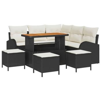 9-teiliges Garten Sofa Set mit Kissen Schwarz Poly Rattan Akazie, 2-Sitzer Garten Sofa mit Kissen Schwarz Poly Rattan, 4-teiliges Garten Essset mit Kissen Schwarz Poly Rattan Akazie