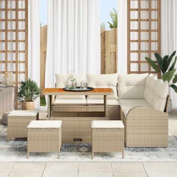 9-teiliges Garten-Sofa-Set mit Kissen Beige Poly Rattan Akazie, 2-Sitzer Garten-Sofa mit Kissen Beige Poly Rattan, 4-teiliges Garten-Dining-Set mit Kissen Beige Poly Rattan Akazie
