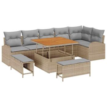 9-Teiliges Garten Sofa Set mit Kissen Beige Poly Rattan Akazie, 2-Sitzer Garten Sofa mit Kissen Beige Poly Rattan, 3-Teiliges Garten Essset mit Kissen Beige Poly Rattan Akazie