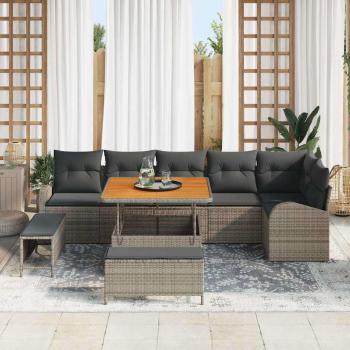 9-teiliges Garten Sofa Set mit Kissen Grau Poly-Rattan, 2-Sitzer Garten Sofa mit Kissen Grau Poly-Rattan, 3-teiliges Garten Essenset mit Kissen Grau Poly-Rattan