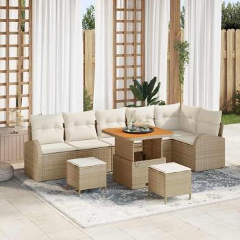 ARDEBO.de - 9-teiliges Garten Sofa Set mit Kissen Beige Poly Rattan Akazie, 2-Sitzer Garten Sofa mit Kissen Beige Poly Rattan, 3-teiliges Garten Esszimmer Set mit Kissen Beige Poly Rattan Akazie.
