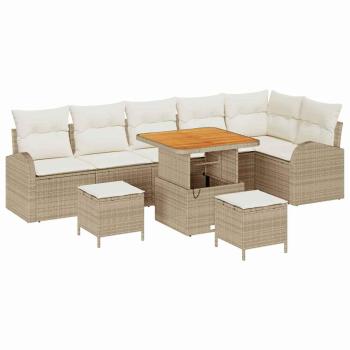 9-teiliges Garten Sofa Set mit Kissen Beige Poly Rattan Akazie, 2-Sitzer Garten Sofa mit Kissen Beige Poly Rattan, 3-teiliges Garten Esszimmer Set mit Kissen Beige Poly Rattan Akazie.