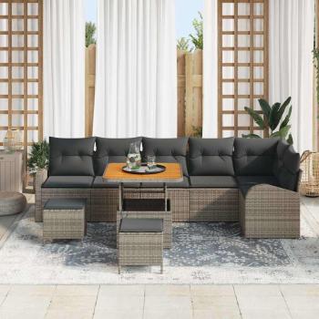 9-teiliges Garten Sofa Set mit Kissen Grau Poly Rattan, 2-Sitzer Garten Sofa mit Kissen Grau Poly Rattan, 3-teiliges Garten Essset mit Kissen Grau Poly Rattan