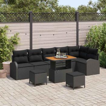 ARDEBO.de - 9-teiliges Garten-Sofa-Set mit Kissen Schwarz Poly Rattan Akazie, 2-Sitzer Garten-Sofa mit Kissen Schwarz Poly Rattan, 3-teiliges Garten-Ess-Set mit Kissen Schwarz Poly Rattan Akazie