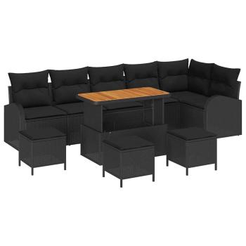 10 Teile Garten Sofa Set mit Kissen Schwarz Poly Rattan Akazie, 2-Sitzer Garten Sofa mit Kissen Schwarz Poly Rattan, 4 Teile Garten Essenset mit Kissen Schwarz Poly Rattan Akazie