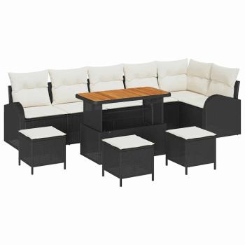 10-teiliges Garten-Sofa-Set mit Kissen Schwarz Poly-Rattan Akazie, 2-Sitzer Garten-Sofa mit Kissen Schwarz Poly-Rattan, 4-teiliges Garten-Essgruppen-Set mit Kissen Schwarz Poly-Rattan Akazie