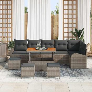 10-teiliges Garten Sofa Set mit Kissen Grau Poly Rattan Akazie, 2-Sitzer Garten Sofa mit Kissen Grau Poly Rattan, 4-teiliges Garten Esstisch Set mit Kissen Grau Poly Rattan Akazie