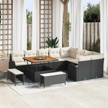 ARDEBO.de - 12-teiliges Garten Sofa Set mit Kissen Schwarz Poly Rattan Akazie, 3-teiliges Garten Esszimmer Set mit Kissen Schwarz Poly Rattan Akazie, 2-Sitzer Garten Sofa mit Kissen Schwarz Poly Rattan