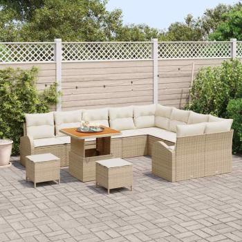 12-teiliges Garten Sofa Set mit Kissen Beige Poly Rattan Akazie, 3-teiliges Garten Esszimmer Set mit Kissen Beige Poly Rattan Akazie, 2-Sitzer Garten Sofa mit Kissen Beige Poly Rattan