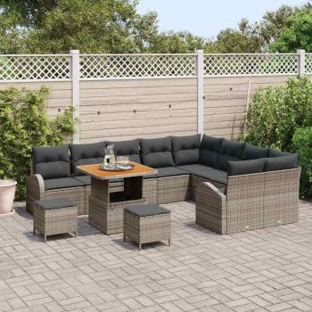 12-teiliges Garten Sofa Set mit Kissen Grau Poly Rattan Akazie, 3-teiliges Garten Essset mit Kissen Grau Poly Rattan Akazie, 2-Sitzer Garten Sofa mit Kissen Grau Poly Rattan