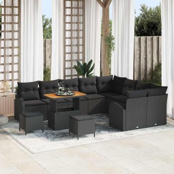 ARDEBO.de - 12-teiliges Garten-Sofa-Set mit Kissen Schwarz Poly-Rattan Akazie, 3-teiliges Garten-Esszimmer-Set mit Kissen Schwarz Poly-Rattan Akazie, 2-Sitzer Garten-Sofa mit Kissen Schwarz Poly-Rattan