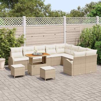 12-teiliges Garten Sofa Set mit Kissen Beige Poly Rattan Akazie, 3-teiliges Garten Esstisch Set mit Kissen Beige Poly Rattan Akazie, 2-Sitzer Garten Sofa mit Kissen Beige Poly Rattan