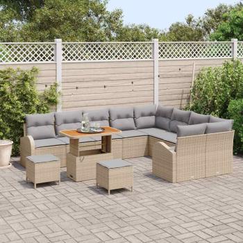 12-teiliges Garten Sofa Set mit Kissen Beige Poly Rattan Akazie, 3-teiliges Garten Essset mit Kissen Beige Poly Rattan Akazie, 2-Sitzer Garten Sofa mit Kissen Beige Poly Rattan