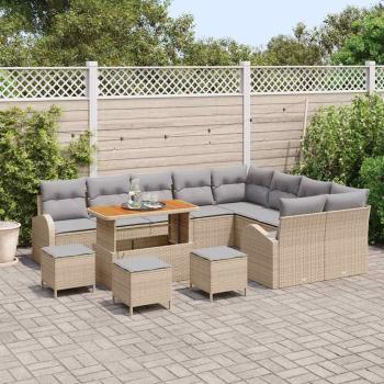 13-teiliges Garten Sofa Set mit Kissen Beige Poly Rattan Akazie, 4-teiliges Garten Esstisch Set mit Kissen Beige Poly Rattan Akazie, 2-Sitzer Garten Sofa mit Kissen Beige Poly Rattan