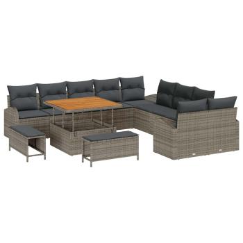 13-teiliges Garten-Sofa-Set mit Kissen grau aus Poly Rattan Akazie, 2-Sitzer Garten-Sofa mit Kissen grau aus Poly Rattan, 3-teiliges Garten-Dining-Set mit Kissen grau aus Poly Rattan Akazie