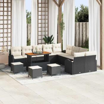 ARDEBO.de - 14-teiliges Garten-Sofa-Set mit Kissen Schwarz Poly Rattan Akazie, 2-Sitzer Garten-Sofa mit Kissen Schwarz Poly Rattan, 4-teiliges Garten-Esszimmer-Set mit Kissen Schwarz Poly Rattan Akazie