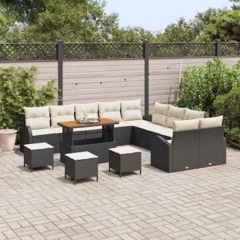 14-teiliges Garten-Sofa-Set mit Kissen Schwarz Poly Rattan Akazie, 2-Sitzer Garten-Sofa mit Kissen Schwarz Poly Rattan, 4-teiliges Garten-Esszimmer-Set mit Kissen Schwarz Poly Rattan Akazie
